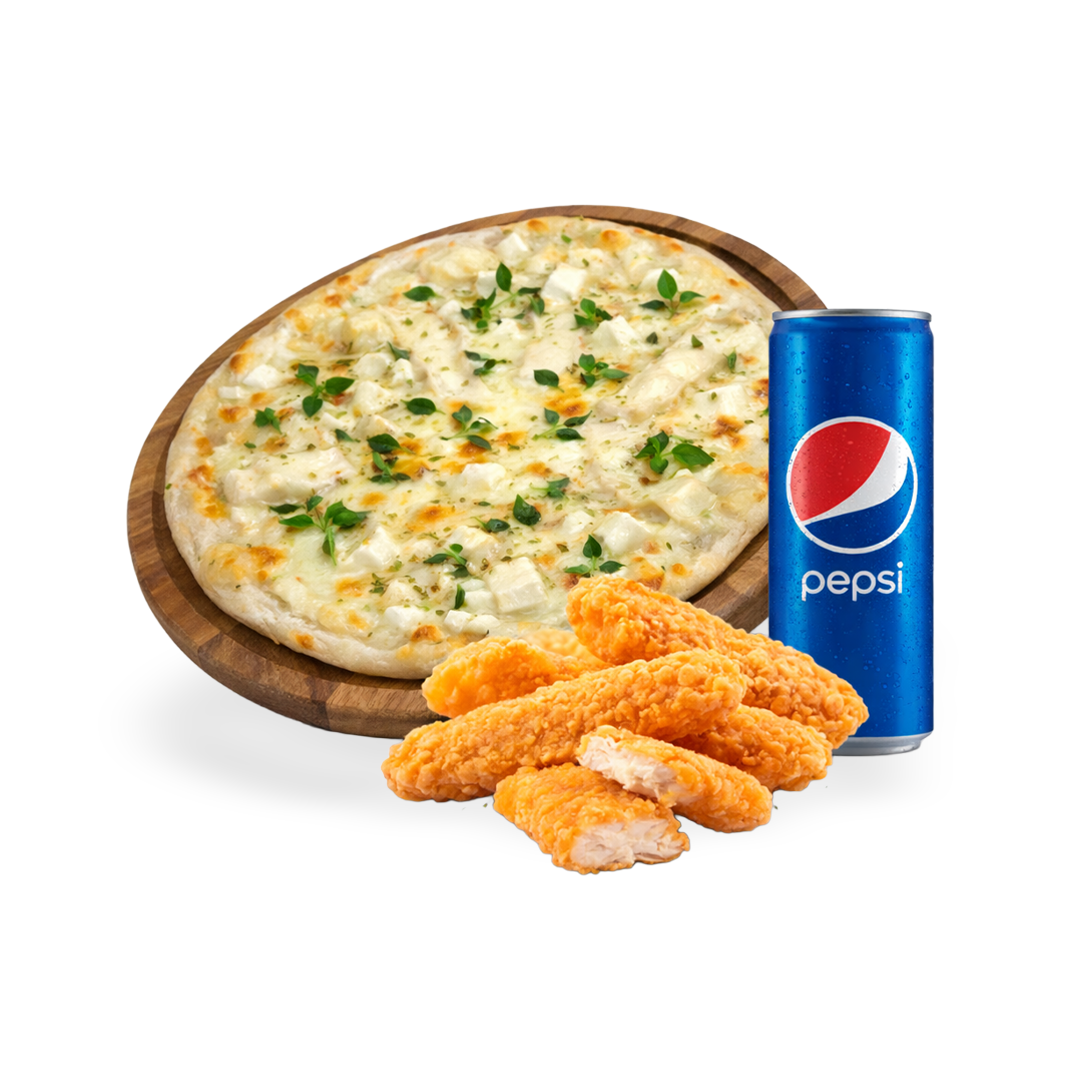 Dört peynirli pizza Kombo (Dört peynirli pizza + Atıştırmalık + 0.33 İçecek)