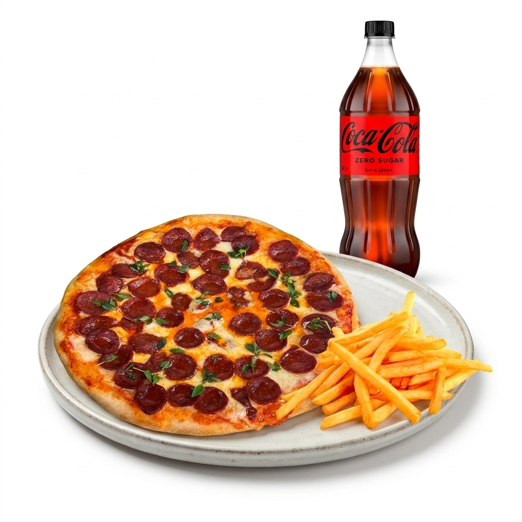 Sucuklu Pizza + patates kızartmalı + 1L İçecek